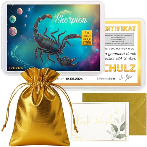 Goldschulz Goldbarren 1g 1 Gramm Motivbox - Sternzeichen Skorpion - Geschenk + Echtheitszertifikat