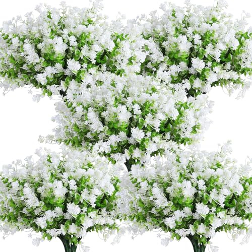 RECUTMS 10Pcs Artificial Flowers Outdoor Artificial Faux Plants Flowers | Outdoor Spring Decoration Fake Eucalyptus Realistic UV Resistant for Planter Pot Realistic Outside Porch Patio Garden(White)