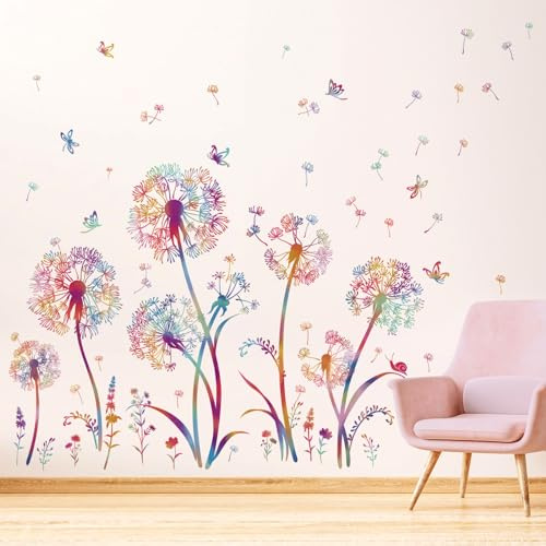wondever Wandtattoo Pusteblume Bunte Wandsticker Löwenzahn Schmetterling | Abziehen und Aufkleben, Abziehbar, Wandaufkleber Selbstklebend für Kinderzimmer Mädchen Babyzimmer Mädchenzimmer Wanddeko