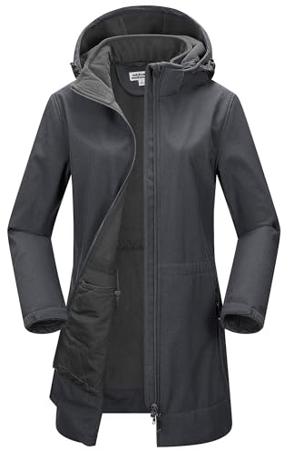 Outdoor Ventures Damen Softshell Lange Jacke mit Kapuze Fleece gefütterte Winddichte Jacke für Frauen Wasserdichte Windjacke