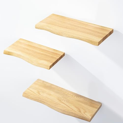 LAMO Manufaktur 3 Stück Wandregal aus Holz mit unsichtbarer Befestigung 40/35/30cm | Wandregal aus 100% echtem Holz | Hängeregal für Wohnzimmer, Schlafzimmer | Wandregale Set 1 Baumkante Farbe: Natur
