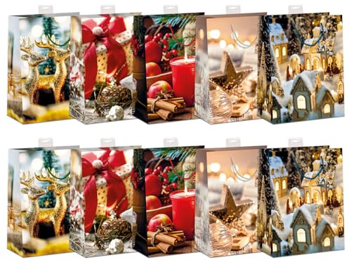 Weihnachtstüten Groß, 10 Stück | Verstärkter Rand, Stabiler Boden & Reißfest | Stabiles FSC®-zertifiziertes Papier (150 g/m²) | Großes Format DIN A4 (26x32x12cm) | Hochwertige Optik