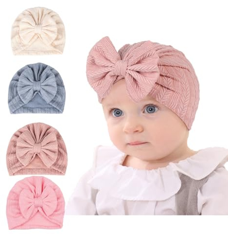 LAOYEFACAI 4 Pezzi Carino Elasticizzato Morbido Spessore Baby Turbante Cappelli con Fiocco Ciambella Nodo Nursery Ospedale Cappelli per Baby Girls Neonati Toddlers