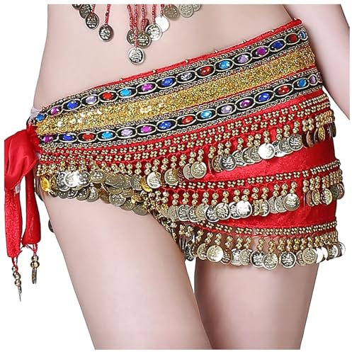 Damen Rock Bauchtanz Hüfttuch mit Münzen Gürtel Bauchtanz Gürtel Kostüm Hüfttuch Rock Bauchtanz Münzgürtel Glitzer Rock Fransen Pailletten Rock Festival Glitzerrock Karneval-Rave (Red, One Size)
