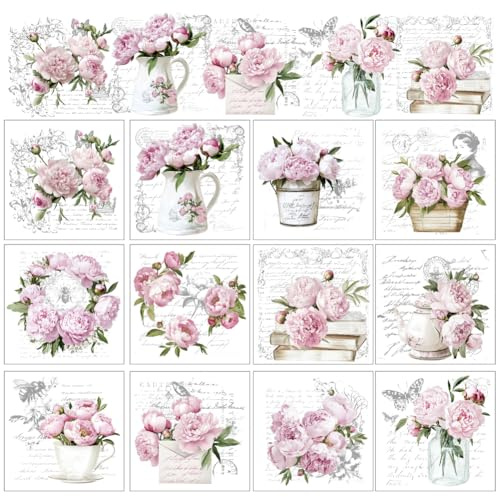 GOMAKERER 12 Blatt 12 Stile Abziehbilder Zum Aufreiben, 14x14cm Rosa Französische Pfingstrosen Rubbeltransfer-Aufkleber Farbenfroher Blumendruck Rub On Sticker Für Fenster Möbel Bastel