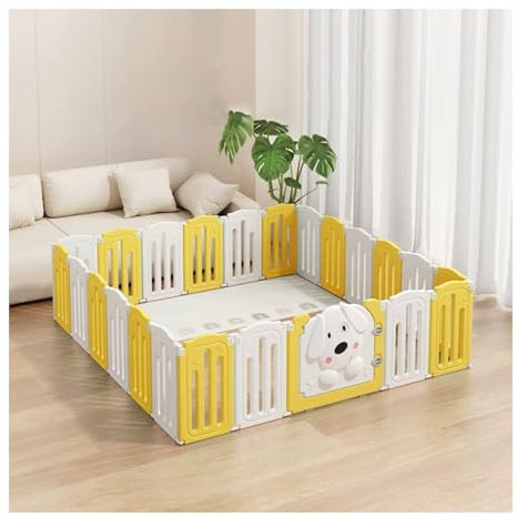HBOOMOEM Welpenauslauf，Plastik Welpenlaufstall，Tragbare Welpenlaufstall，Zur Aufbewahrung Zusammenklappbar, Rutschfester Saugnapf, for Den Innen- Und AußEnbereich Geeignet.(Yellow,6-Piece Pack and one