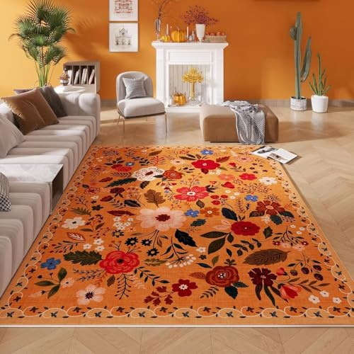 ARRITS Teppich Wohnzimmer 120x180 cm Orange, Weicher Vintage Boho Blumen Teppich, Teppich rutschfest Waschbar Rechteckiger Kurzflor Teppich, Bettvorleger Teppich Schlafzimmer Kinderzimmer Home Deko