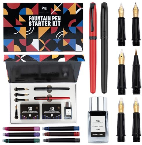 Wordsworth and Black Fountain Pen Set - Black - Includes 2 Pens, 18 ML Ink Bottle, 60 Ink Cartridges, A Refill Converter, 1 Medium and 4 Broad Nibs, Brush Pen - Fountain Pen Kit for Beginners