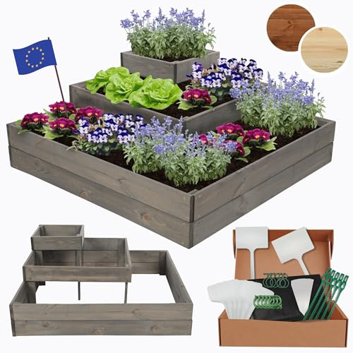 MODO24 Hochbeet Holz, Blumenkasten, Gartenbeet, 36x92x92cm, Grau | Robustes Kräuterbeet & Pflanzbeet aus Kiefernholz, Stufenförmiges Blumenbeet & Gartenbeet für Garten, Balkon & Terrasse