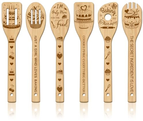 GLOBLELAND Set di 6 cucchiai di legno per torta di compleanno Set di utensili da cucina in bambù intagliato utensili da cucina in legno inciso set di spatole da cucina per cucina divertente regalo di
