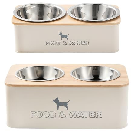 Daniel James Elevated Dog Bowls - Raised Pet Food & Water Station for Small & Large Dogs - Double Feeding Stand with Non-Spill Dishwasher Safe Stainless Steel Bowls - Cream (Small)