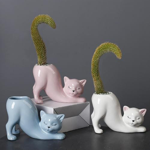 AMRISBTYS Bonita maceta de cola de gato, soporte de cerámica con diseño de animales de dibujos animados, bandeja de flores de cactus y cola de mono, maceta de semillero de vivero