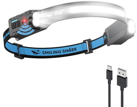 Smiling Shark Lampe Frontale, Headlamp Rechargeable 2400mAh 2 Paquets Ultra-Lumineuse Lumière Blanche & 2 Lumière Spot Rotatable à 315°, Head Lamp Avec Capteur de Motion pour Randonnée Camping