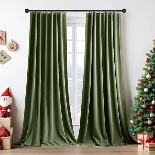 PLODAXE 2er Set Samtvorhang Kräuselband, Schöne Samt Gardinen Verdunkelung Multifunktionsband, Thermogardine, Velvet Vorhang Flächenvorhänge Wohnzimmer, Schlafzimmer (H305xB132CM, Oliver Grün)