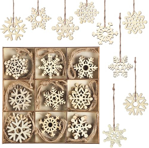 45 Stück Christbaumschmuck Holz, Schneeflocken Deko aus Holz mit Aufhängeschnur, 9 Designs Schneeflocken Holzdeko, Rustikale Weihnachtsdekoration für Christbaum Fenster Geschenk & Tischdeko