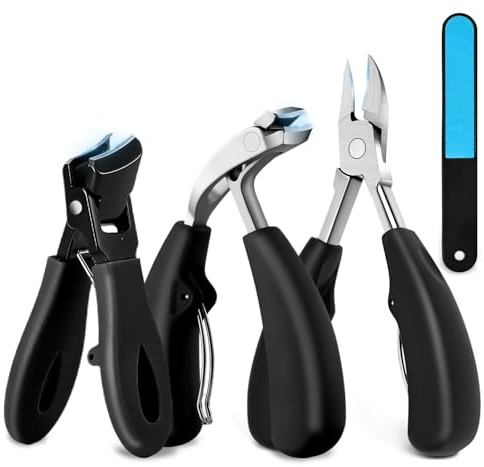 Pack de 4 Cortauñas para uñas gruesas & encarnadas – Set resistente con cuchilla curva, alicates “pico de águila”, cortauñas oblicuo, lima & recogedor para hombre
