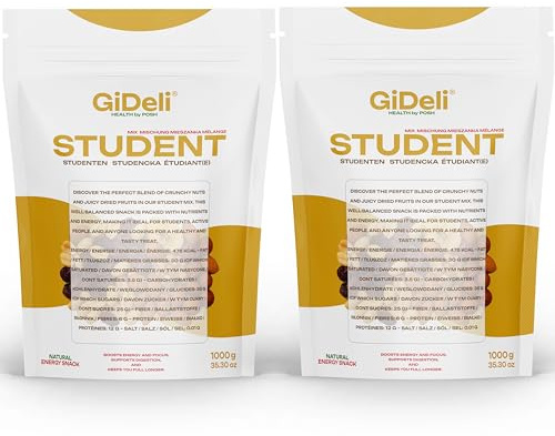 GiDeli Mangime studentesco Premium 2 x 1 kg miscela di frutta con arachidi, anacardi, nocciole, mandorle, noci, uvetta, mirtilli rossi e banane chips senza additivi