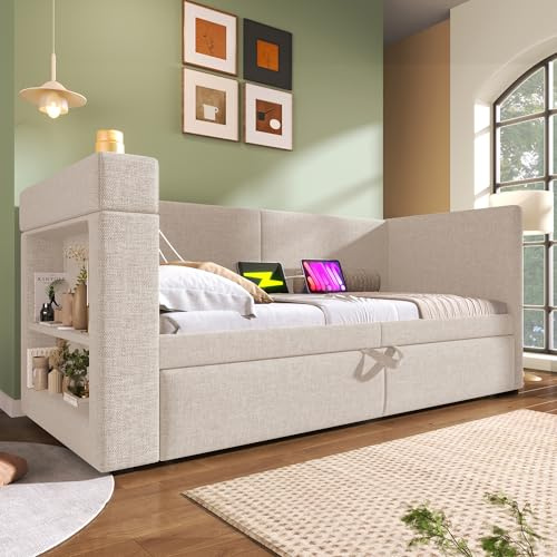 Easexcy Polstertes Daybett 90x200 cm, Einzelbett Schlafsofa mit Ausziehbett, Leinen-Mischgewebe, ohne Matratze. (Beige)