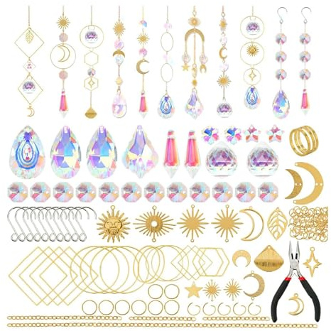 KEALLANS 200 Pcs Crystal,Sun Catchers with Crystals,Craft Kits for Adults, with Rainbow Maker, Prism, Pendants Gold