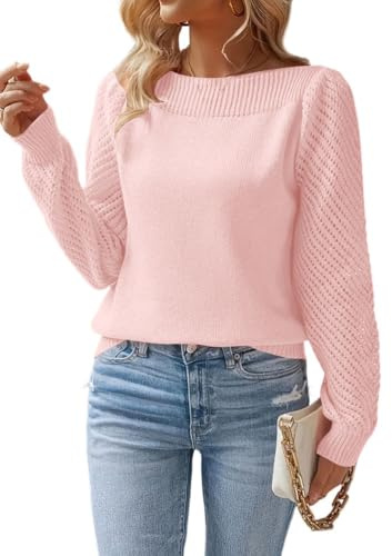 ORANDESIGNE Jersey Punto Mujer Invierno Elegante Sueter Manga Larga Calada Suéter Cuello Barco Sweater Jerseys Finos A Rosa 02 XL