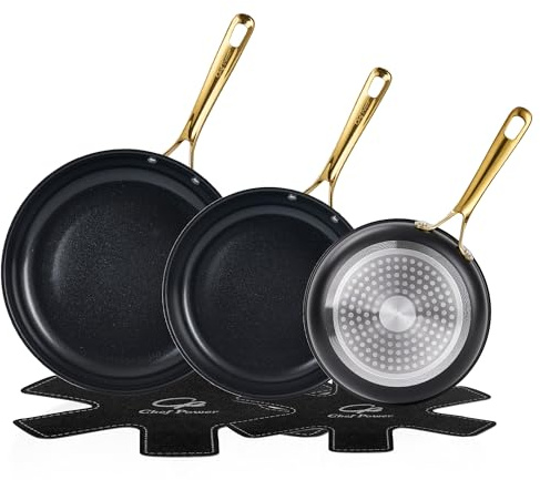 Chef Power Ceramic Frying Pan with Stainless Steel handle 5Pcs Set, Non-toxic Non Stick Grill Pan Set, Induction, Dishwasher and Oven Safe, Stone Black & Light Gold Handle, 8'', 9'', 11'' Skillet