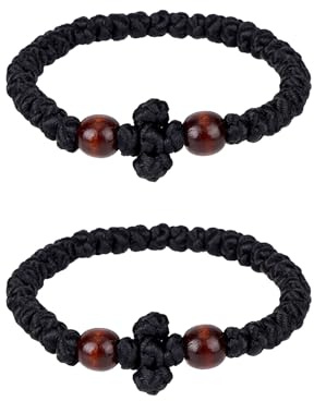 Mikovivi Lot de 2 bracelets en corde de prière orthodoxe, faits à la main, réglables avec perles de prière grecques chrétiennes, bracelet tressé avec nœud de croix pour homme