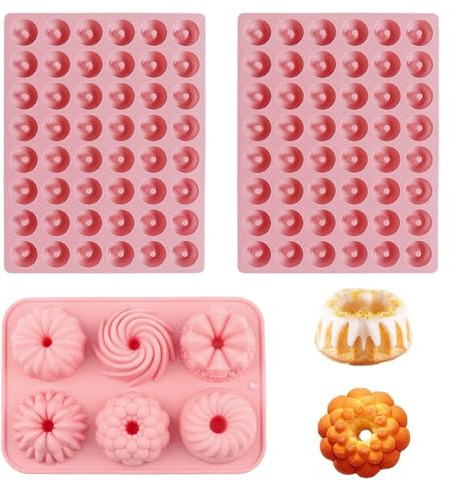 MENUY 3 Stück Mini Gugelhupfform Silikon, Silikonformen Backen mit Antihaftbeschichted, Wiederverwendbar Lebkuchenformen Silikon, Silikonbackform für Kekse, Bagels, Muffins (Rosa)