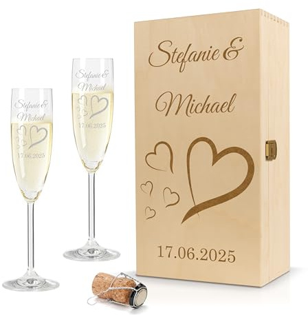 Gravur-Max Leonardo Sektglas 2er Set 200 ml mit Holzbox – personalisiertes Sektglas mit Gravur - LIEBES GLAS HERZ4 – stoßfest – hochwertiges TEQTON-Kristallglas für Sekt, Prosecco & Champagner