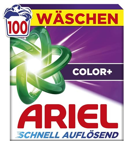 Ariel's snabblösande pulverrengöringsmedel Color+, 100, 100 tvättar, färg+, fläckvägkraft vid 1. Tvättning, omedelbar effekt, även i kallt vatten
