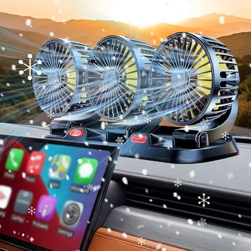 Lotvic Auto Ventilator, 12V Drei Köpfe Autolüfter mit 2 Geschwindigkeiten, 180° Oszillation & 360° Drehbar, Tragbare Auto Kfz Lüfter für Lkw, Van, Suv, Rv