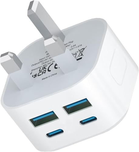 USB C Plug Fast Charge, 40W 4-Port Multi USB Plug UK Dual Port PD Power Adapter +QC USBC Mains Wall Charger Head, Type C Fast Charging for iPhone 17/16/15/14/13/12 Pro Max Plus XS XR SE, iPad,AirPods