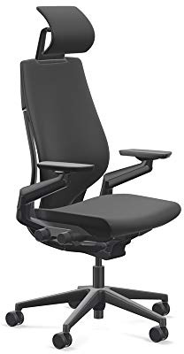 Steelcase Gesture Office Desk Chair with Headrest Plus Lumbar Support Cogent Connect Licorice 5S26 Fabric Low Black Frame Hard Floor Casters