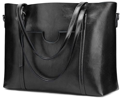 S-ZONE Damen 3-Way Schultertasche Vintage Echtleder Shopper Große Mode Laptop Arbeitstasche Umhängetasche Handtasche Messenger Bag, Schwarz, L