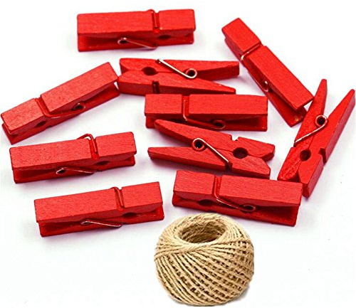100 Colored Wooden Large Pegs 45mm Clothespins Craft Photo Clips with 20 Meters Jute Twine for Craft Rustic Decoration (Red)