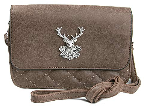Enzianblau Trachten: Tasche in Wildleder-Optik mit Edelweißbrosche Glitzer, Trachtencluch, Oktoberfest Tasche zum Dirndl (braun)