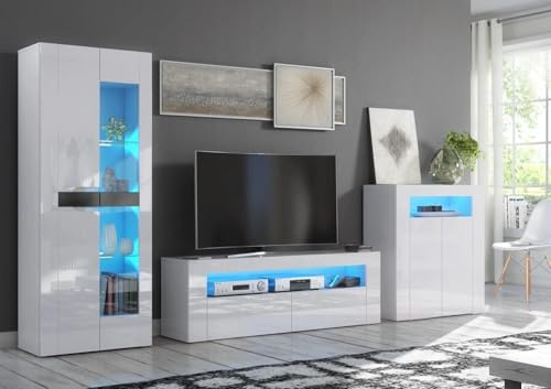 Furneo Milano Set – High Gloss & Matt White Living Room Furniture, TV Stand, Sideboard & Display Cabinet, Blue LED Lights
