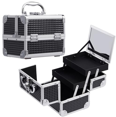 Joligrace Kids Vanity Case Makeup Organiser Box Beauty Case Nail Polish Organiser Box Small Make Up Case with Mirror, 2 Trays, Lockable, Size: 19.5 x 15 x 16cm (Black)