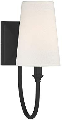 Savoy House Cameron 5 in. W x 13 in. H 1-Light Matte Black Transitional Wall Sconce with White Fabric Shade 9-2542-1-89