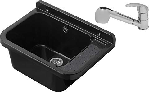 VBChome Ausgussbecken mit Armatur 59 x 34 x 21 cm Schwarz Spülbecken Waschtrog mit Überlauf Waschbecken für Gewerbe Waschraum Garten inkl. Ablaufgranitur (Schwarz + ausziehbarer Armatur)