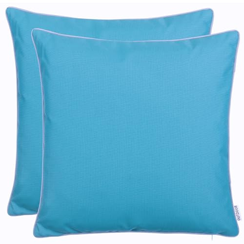 Brandsseller 2er Set Outdoor Kissen 45x45 cm – Wetterfeste Zierkissen mit Paspel – Wasserabweisende Gartenkissen & Dekokissen für draußen – Sofakissen für Balkon & Terrasse – Aqua