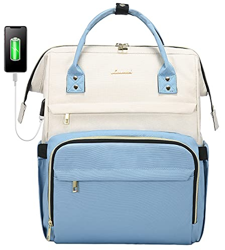 LOVEVOOK Laptop Backpack for Women Fashion Business Computer Backpacks Travel Bags Purse Doctor Nurse Work Backpack with USB Port, Fits 15.6-Inch Laptop Beige-Light Blue