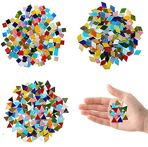 GIRAFEDA 600 Pezzi Tessere per Mosaico in Vetro Piastrelle Mosaico Multicolori Mosaico Fai Da Te Diamanti Triangoli e Quadrati 3 Forme per Decorare Cornici per Foto, Tazze, Vasi di Fiori, Acquari