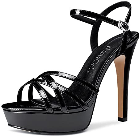 NobleOnly Women's Platform Sandals Ankle-Strap Slingback Stilettos 5IN Open-Toe High Heels Black Shoes UK3