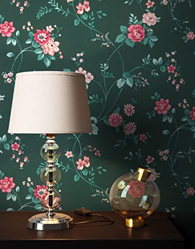 Newroom Vliestapete Grün Blumen Landhaus Schlafzimmer Tapete Wohnzimmer | Florale Ranken mit rosa Blüten auf Tannengrün, Blumentapete, Mustertapete, Wandtapete, Vintage, romantisch, Esszimmer