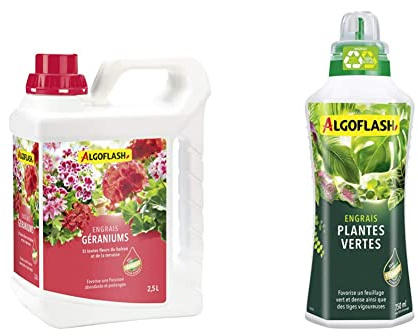 ALGOFLASH Engrais Géraniums et Toutes Fleurs de Balcon, Bouchon Doseur Inclus, 2,5 L, ALIBAC2500N & Engrais Plantes Vertes, Bouchon Doseur Inclus, 750 ml, ALIPAV750N