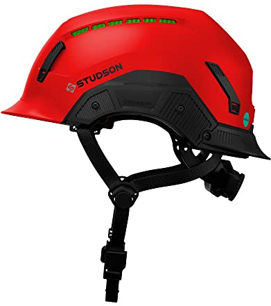 Studson SHK 1 Vented Safety Helmet - Ultralight, Brainshield, Modular Brim, Fidlock Buckle, 4 Point Strap, Breathable, Rainproof, 20KV Protection - Red, M/L, 53-59cm