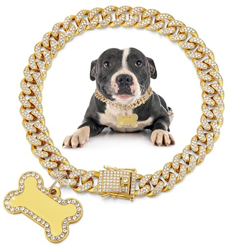 Hillban Hundekette, goldenes Diamant-Halsband mit Haustier-ID-Schmuckmarken, Strasssteine, Edelstahl, Metallgliederhalsband, Spazierengehkette, Halskette für Welpen, Jungen, Mädchen, kleine Hunde