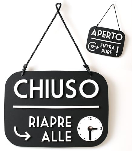 Cartello Aperto Chiuso Torno Subito con Ventosa, vintage Retro - Orario negozio modificabile con Quadrante Lancette (Nero satinato, Italiano)