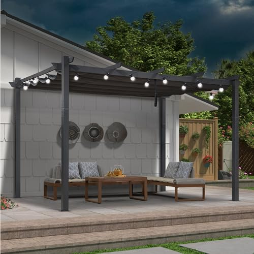 PURPLE LEAF Pergola 2.8 × 4 m mit LED Licht, Gerade Seitendesign, Grau | 7.3 m 12 LED Licht, Gerade Seitendesign, Bündig an der Hauswand, Platzsparend, Fugenlos & Regendicht, UPF 50+ Sonnenschutz