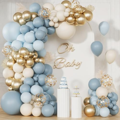 Dammblå ballongbågssats, 104 delar, blå, gyllene ballonger, bågsats med puderblå, beige, gyllene ballonger, födelsedagsdekorationer, babyshowers, dop, bröllop, förlovning